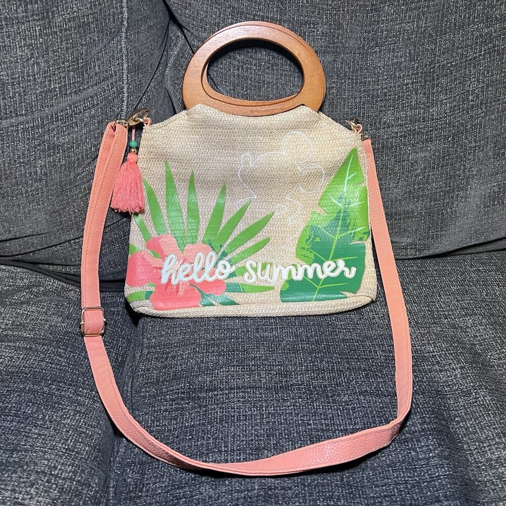 Disney Parks Tropical Hello Summer Mickey Raffia Crossbody Tote Bag Wooden